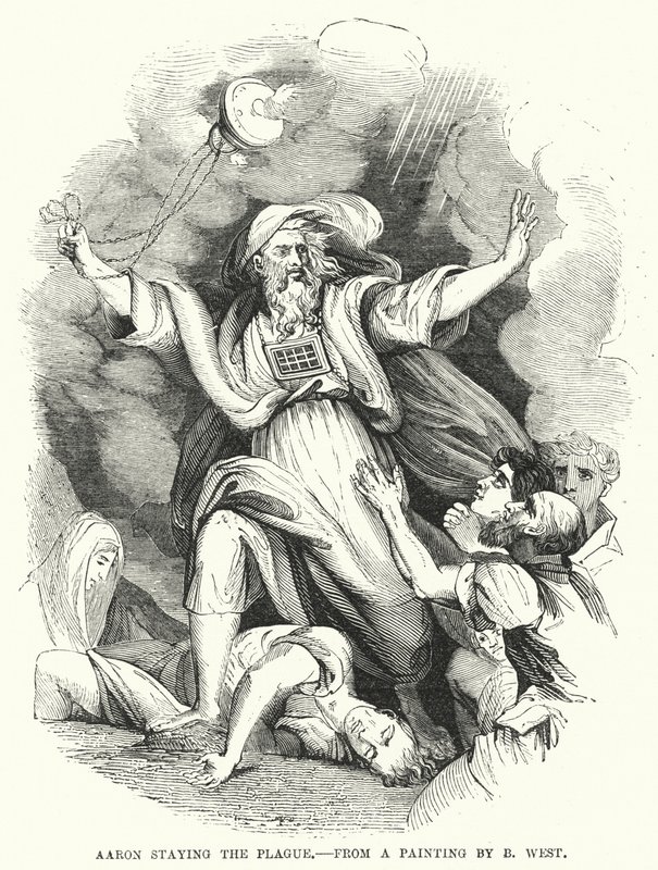 Aaron stopt de plaag, naar een schilderij van B West (gravure) door English School