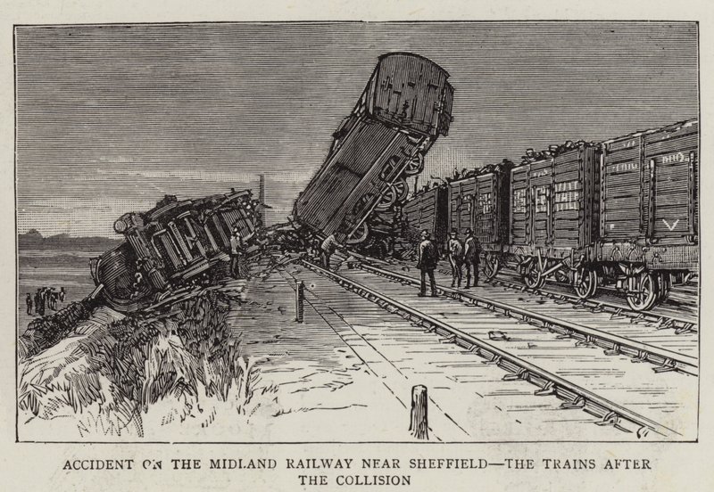 Ongeluk op de Midland Railway nabij Sheffield, de treinen na de botsing (gravure) door English School