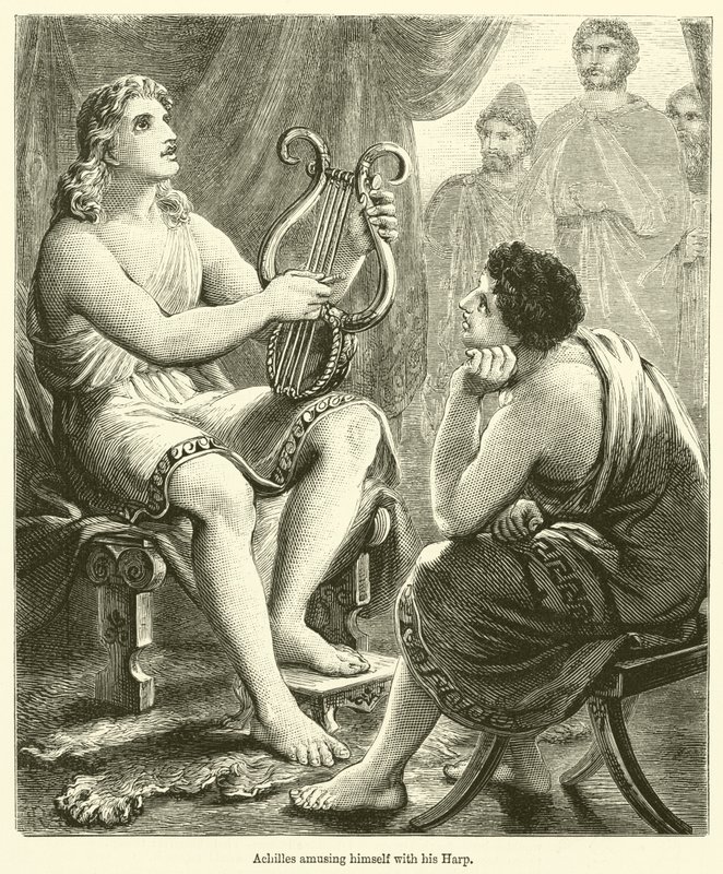 Achilles vermaakt zich met zijn harp (gravure) door English School