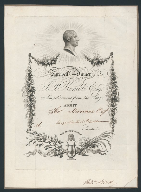 Toegangskaart voor diner ter viering van John Kembles afscheid van het toneel, 1819 door English School