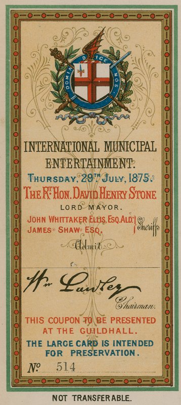 Toegangskaart voor Internationaal Gemeentelijk Vermaak in de Guildhall, Londen, op 29 juli 1875 door English School