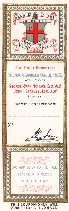 Toegangskaart voor een banket in de Guildhall, Londen, op 9 november 1877 door English School