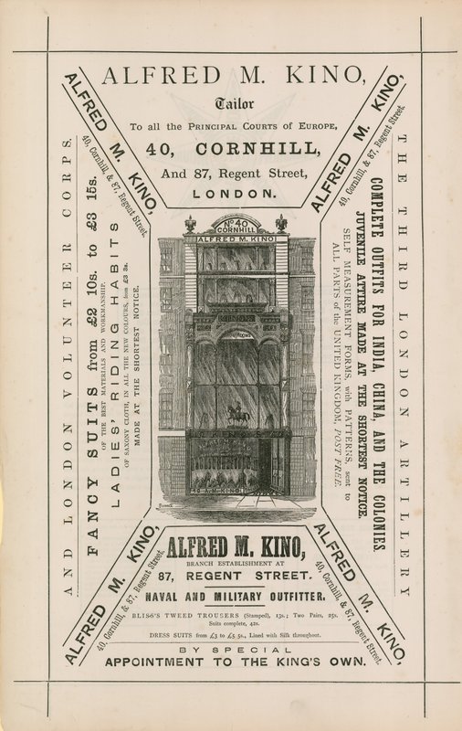 Advertentie voor Alfred M Kino, kleermaker, 40 Cornhill en 87 Regent Street, Londen door English School
