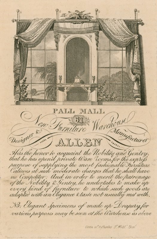 Advertentie voor Allens nieuwe meubelmagazijn, 61 Pall Mall, Londen door English School