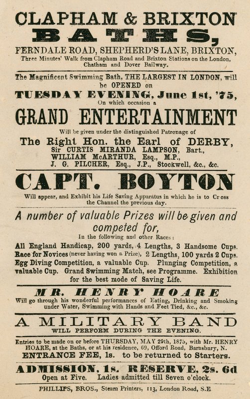 Advertentie voor Clapham en Brixton Baths, Ferndale Road, Shepherds Lane, Brixton, Londen; met Captain Boyton door English School