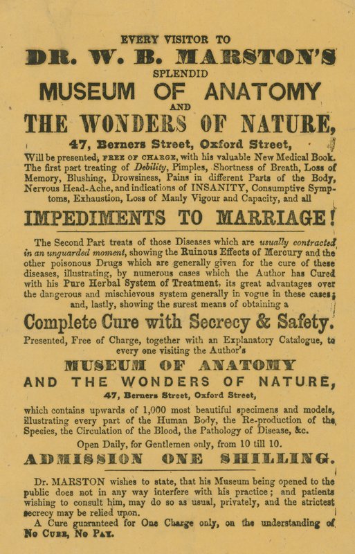 Advertentie voor Dr W B Marstons Museum van Anatomie en de Wonderen van de Natuur door English School
