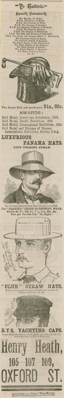 Advertentie voor Henry Heath, 105-109 Oxford Street, Londen, The Hatterie door English School
