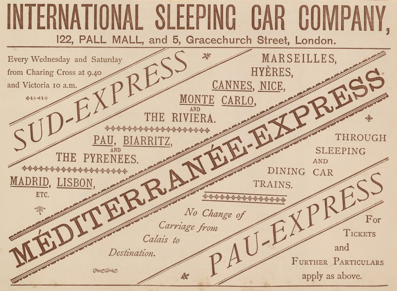 Advertentie voor International Sleeping Car Company, 122 Pall Mall en 5 Graceshurch Street, 1888 door English School