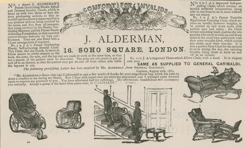 Advertentie voor J Alderman, fabrikant van invalidenwagens (gravure) door English School
