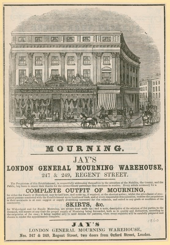 Advertentie voor Jays, London General Mourning Warehouse, 247 & 249 Regent Street, Londen door English School
