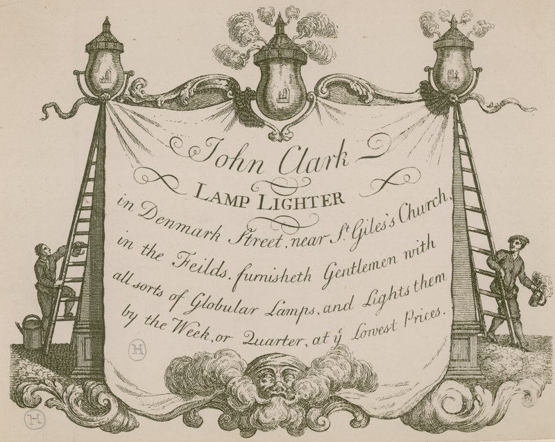 Advertentie voor John Clarke, lampaansteker, Denmark Street, Londen door English School
