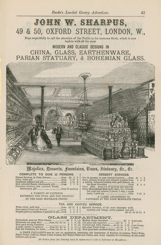 Advertentie voor John W Sharpus, moderne en klassieke ontwerpen in porselein, glas, aardewerk, parian beeldhouwwerk en Boheems glas door English School