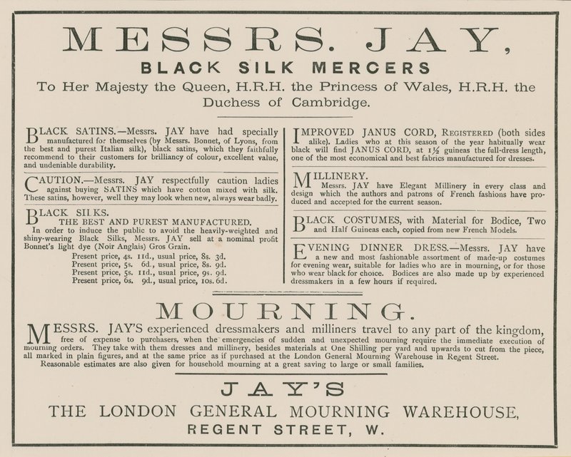 Advertentie voor Messrs Jay, The London General Mourning Warehouse, Regent Street door English School