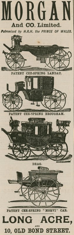 Advertentie voor Morgan & Co Ltd, wagenmakers, Long Acre en 10 Old Bond Street, Londen door English School