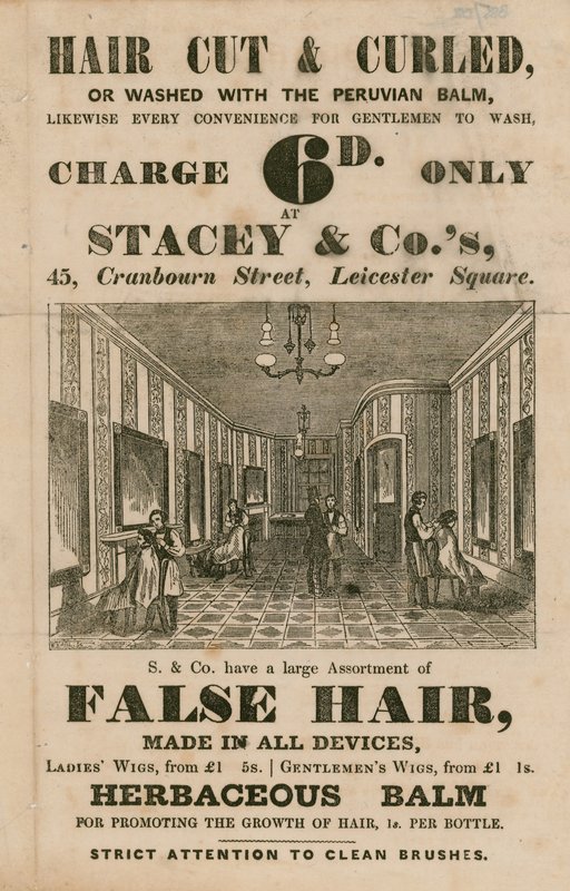 Advertentie voor Stacey & Co., 45 Cranbourne Street, Leicester Square, Londen, kappers door English School