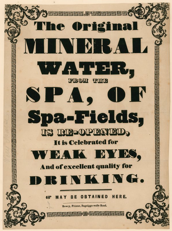 Advertentie voor het originele mineraalwater uit de Spa van Spa-Fields door English School