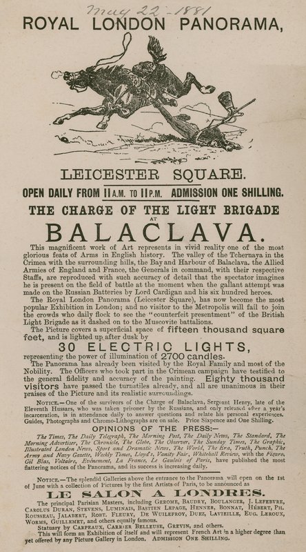 Advertentie voor The Royal London Panorama met de Charge of the Light Brigade bij Balaclava door English School