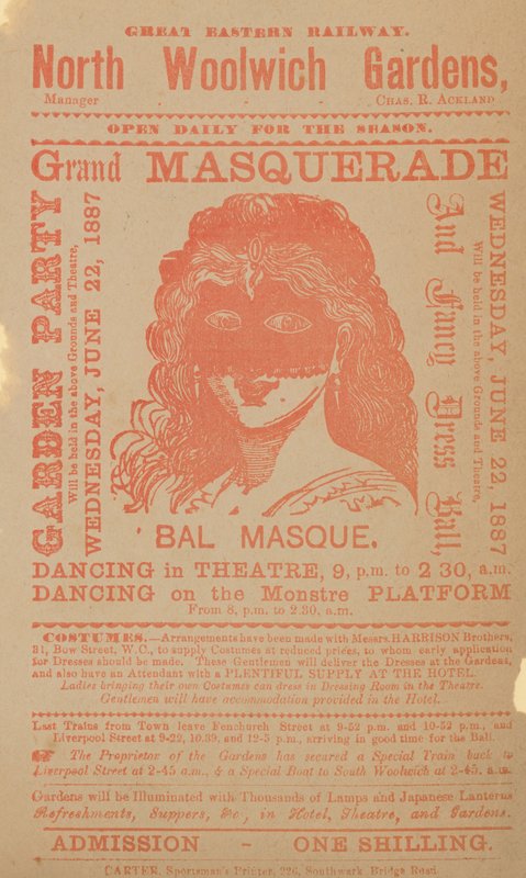 Advertentie voor een tuinfeest en groot gemaskerd bal door English School