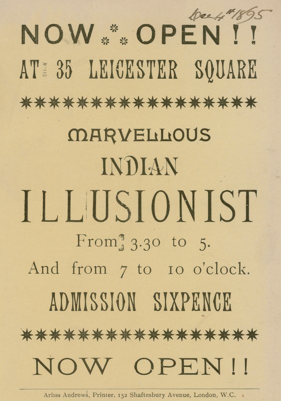 Advertentie voor een Indiase illusionist die optreedt op 35 Leicester Square, Londen door English School