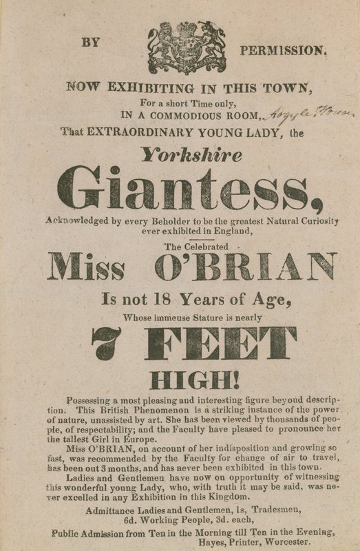 Advertentie voor een optreden van Miss OBrian, de Yorkshire Reuzin door English School