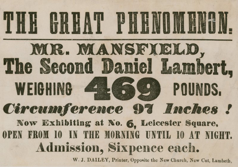 Advertentie voor een optreden van Mr. Mansfield, een tweede Daniel Lambert, met een gewicht van 469 pond door English School