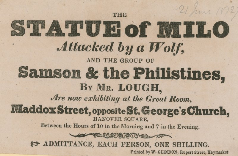 Advertentie voor een tentoonstelling van het Standbeeld van Milo aangevallen door een Wolf door English School