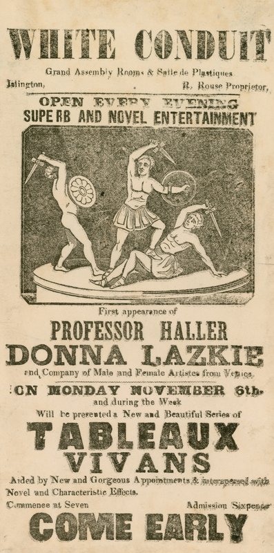 Advertentie voor entertainment in het White Conduit House, Islington, Londen door English School