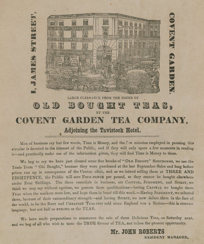 Advertentie voor oude gekochte theeën van de Covent Garden Thee Compagnie door English School