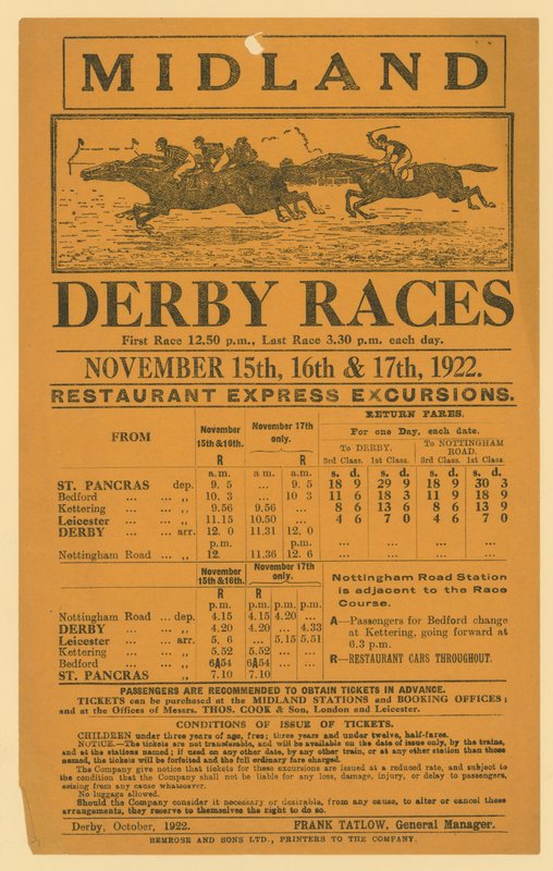 Advertentie voor spoorwegreis naar Midland Derby Races, 15-17 november 1922 door English School