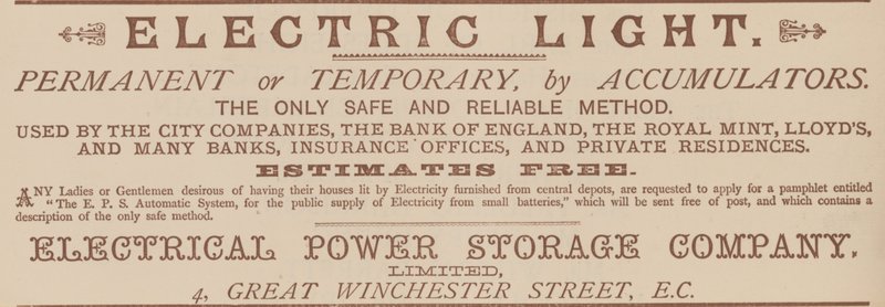 Advertentie voor de Electrical Power Storage Company door English School