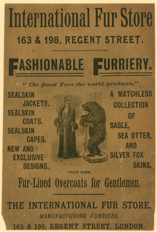 Advertentie voor de International Fur Store, 163 & 198 Regent Street, Londen door English School