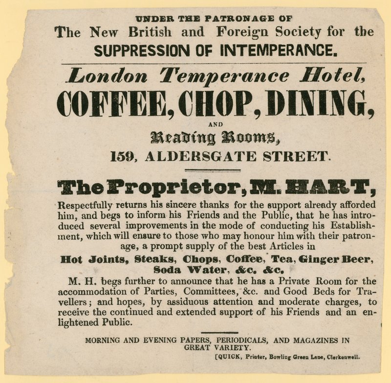 Advertentie voor het London Temperance Hotel, onder de bescherming van de New British and Foreign Society for the Suppression of Intemperance door English School