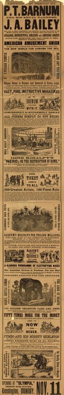 Advertentie voor het optreden van P T Barnum en J A Baileys show in Olympia door English School