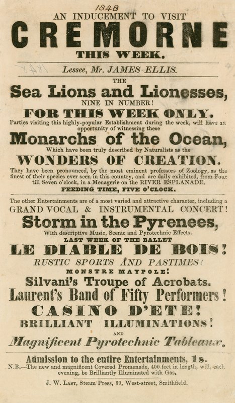 Advertentie voor het optreden van zeeleeuwen en leeuwinnen in Cremorne Gardens, Londen in 1848 door English School
