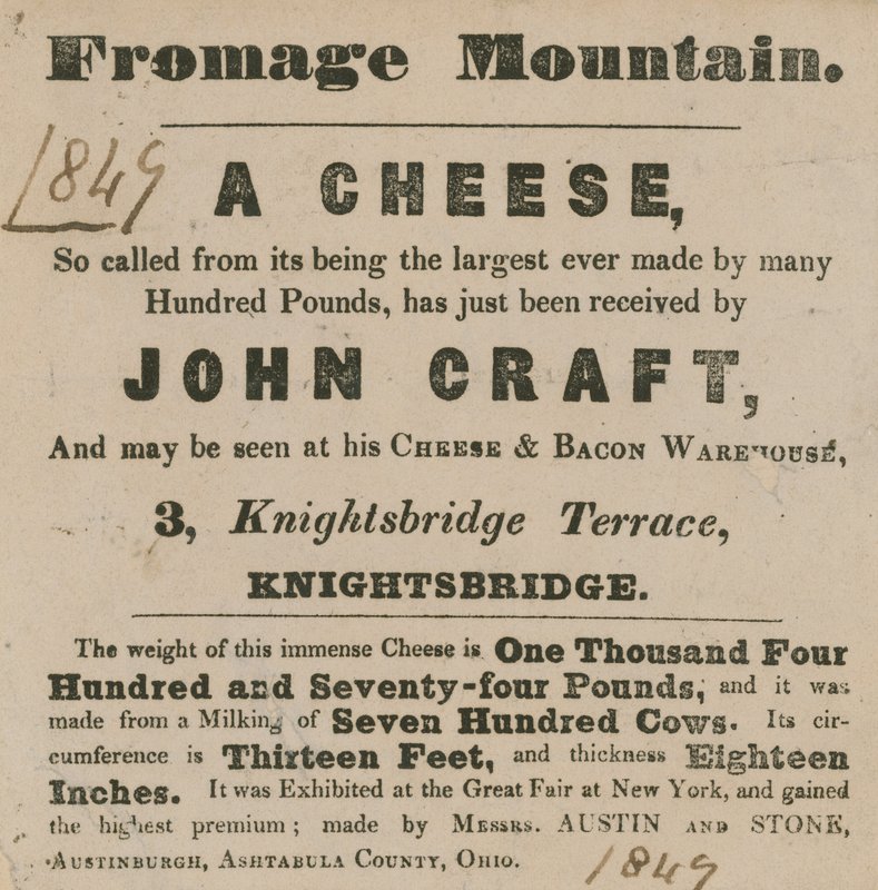 Advertentie voor de tentoonstelling van een kaas bekend als Fromage Mountain door English School