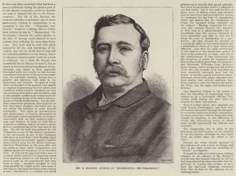 Advertentie, Mr B Beasley, auteur van "Stotteren, de behandeling ervan" (gravure) door English School