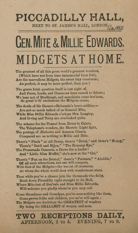 Advertentie voor General Mite en Millie Edwards door English School