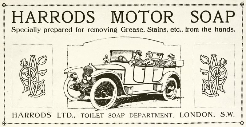 Advertentie voor Harrods motorzeep door English School