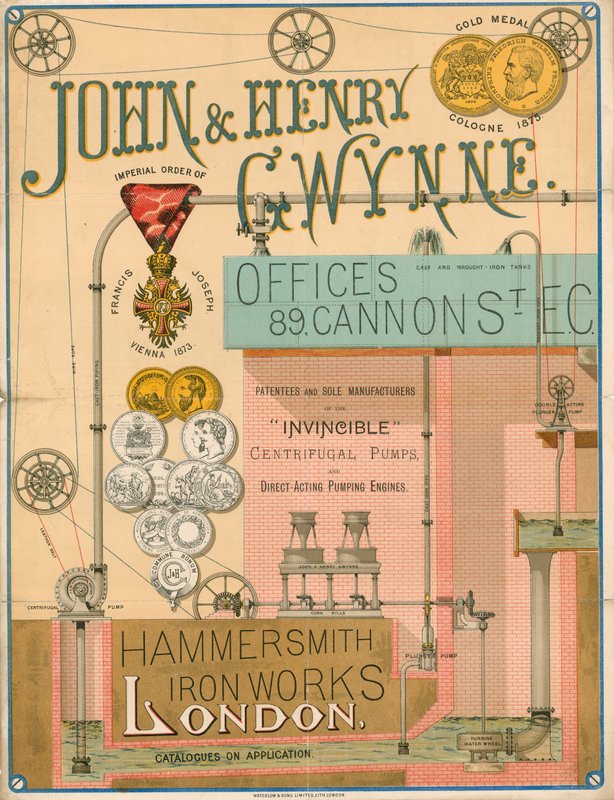 Advertentie voor John en Henry Gwynne, 89 Cannon Street, Londen, fabrikant van de onoverwinnelijke centrifugaalpomp door English School