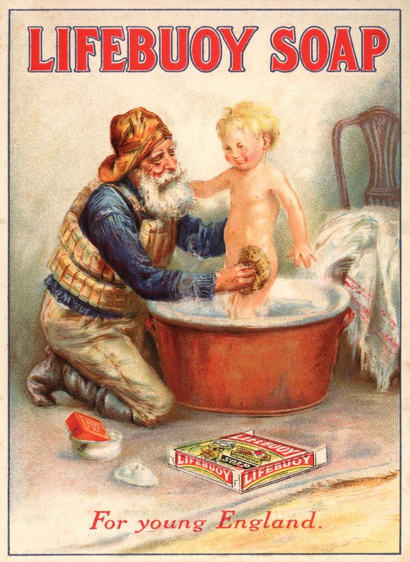 Advertentie voor Lifebuoy zeep met een reddingsbootman die een kind baadt door English School