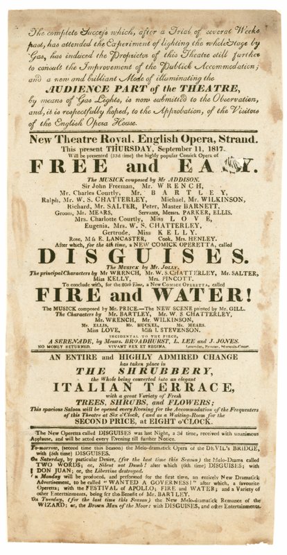 Advertentie voor New Theatre Royal, Engelse Opera, Strand, Londen, voor 11 september 1817, vermelding van gasverlichting door English School
