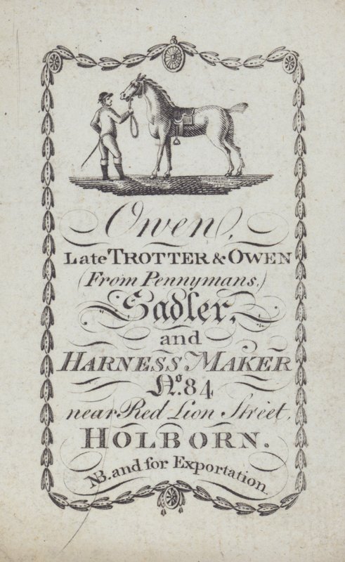 Advertentie voor Owen, zadelmaker en harnasmaker, Londen door English School