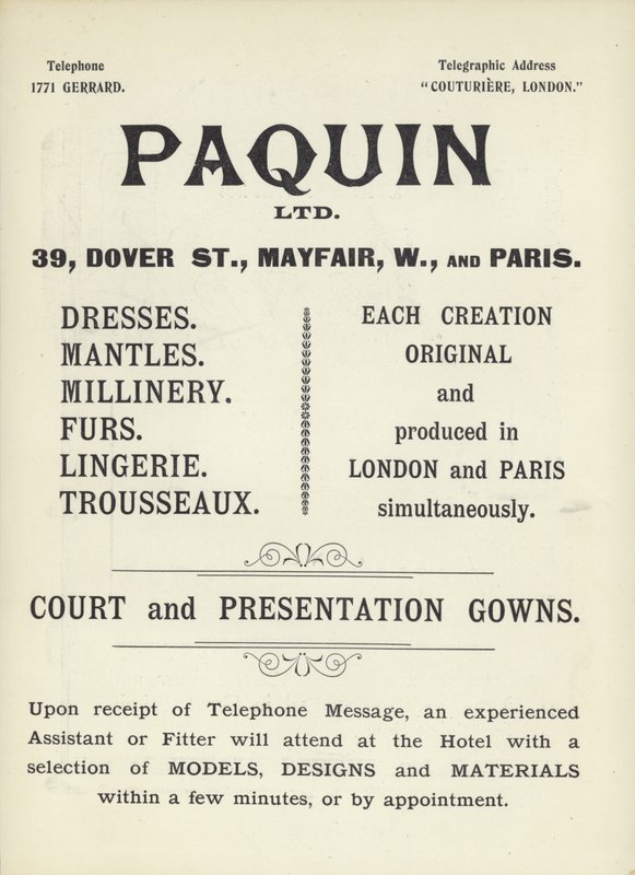 Advertentie voor Paquin, kleermakers door English School