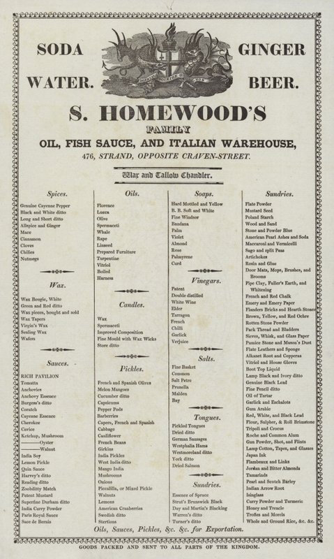 Advertentie voor S Homewoods olie, vissaus en Italiaanse warenhuis door English School