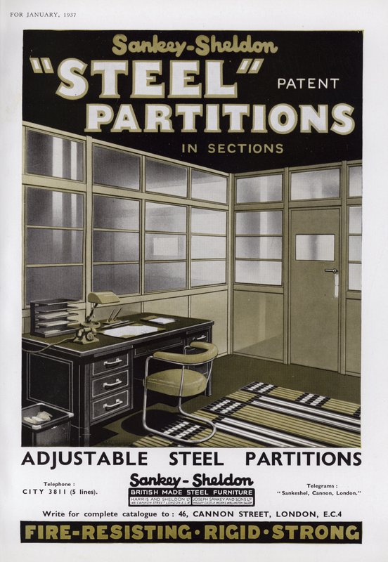 Advertentie voor Sankey-Sheldon stalen scheidingswanden, 1937 door English School
