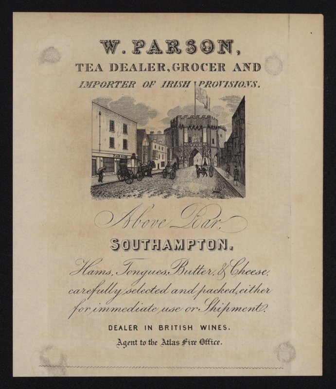 Advertentie voor W Parson, theedealer, kruidenier en importeur van Ierse producten, Southampton, Hampshire door English School