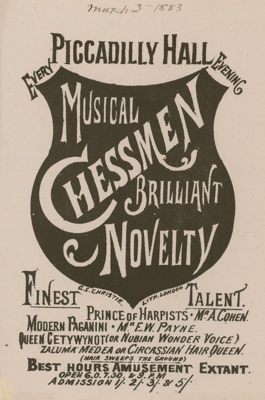 Advertentie voor de Muzikale Schaakstukken Briljante Nieuwigheid door English School
