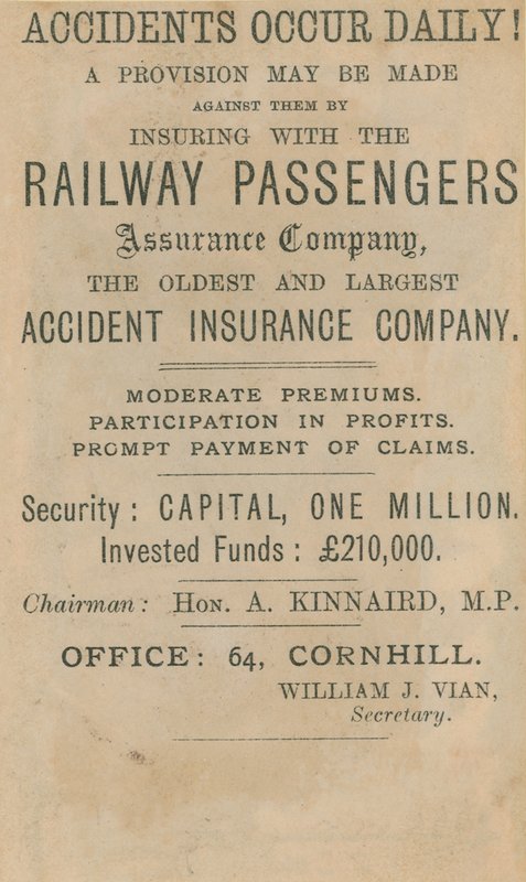 Advertentie voor de Railway Passenger Assurance Company door English School