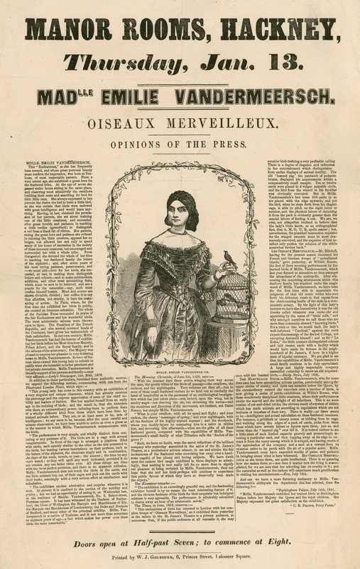 Advertentie voor het optreden van Mademoiselle Emilie Vandermeersch, Oiseaux Merveilleaux in de Manor Rooms, Hackney, Londen door English School