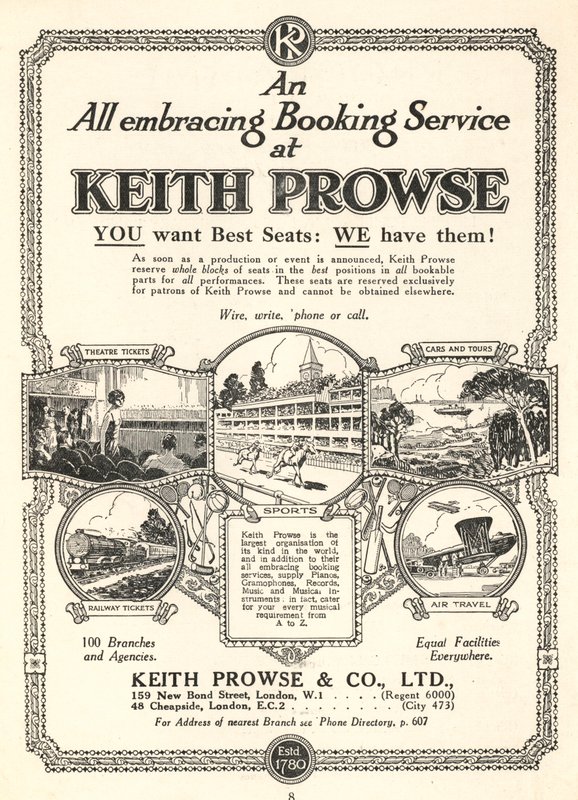 Advertentie voor de kaartverkoopdiensten van Keith Prowse & Co, Ltd door English School